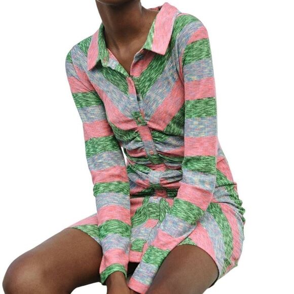 Zara Collared Shirt Dress With Ruching Multicolor Striped Size Small - Picture 3 of 11